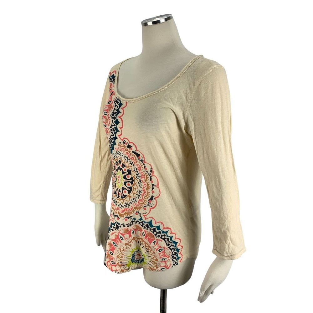 Lucky Brand Medium Top 3/4 Sleeve Boho Ivory Geometric Pattern - Picture 2 of 5